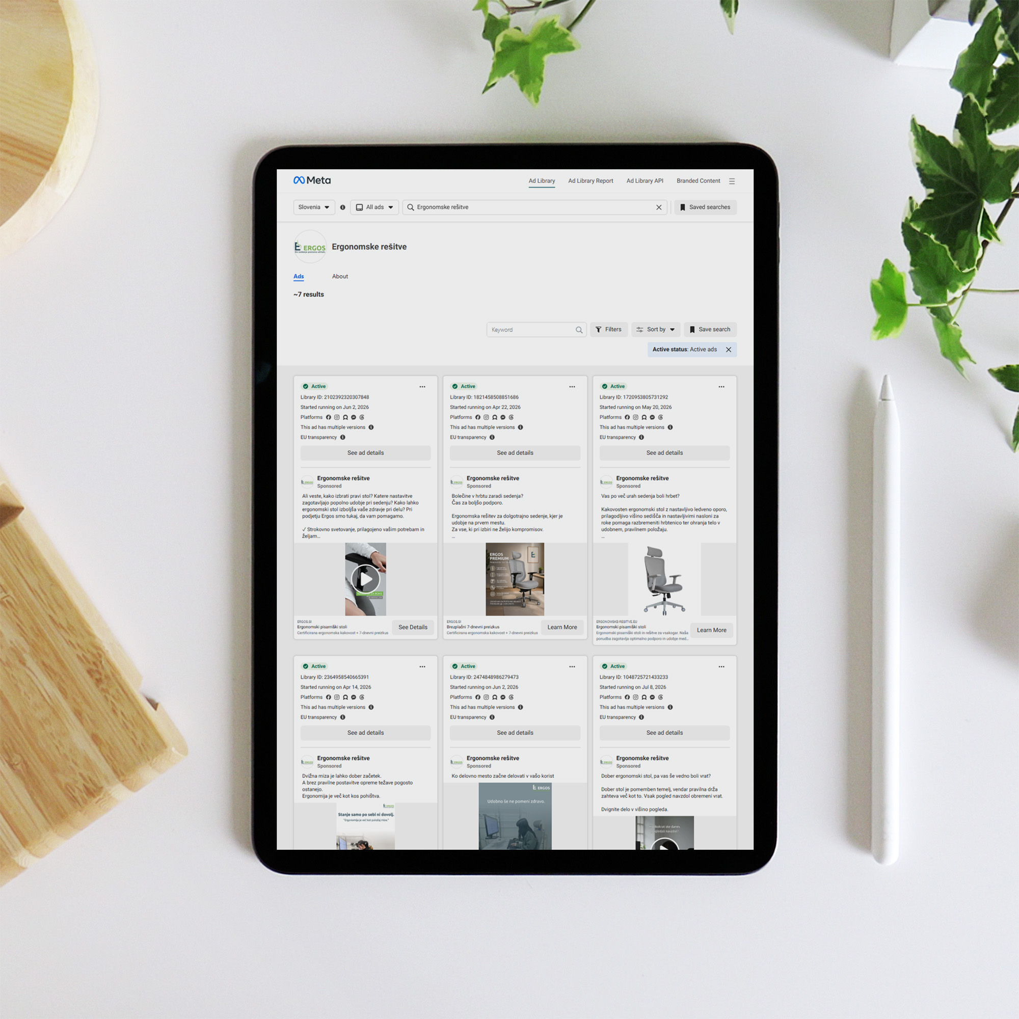 Meta Ad Library z oglasi Ergonomske rešitve