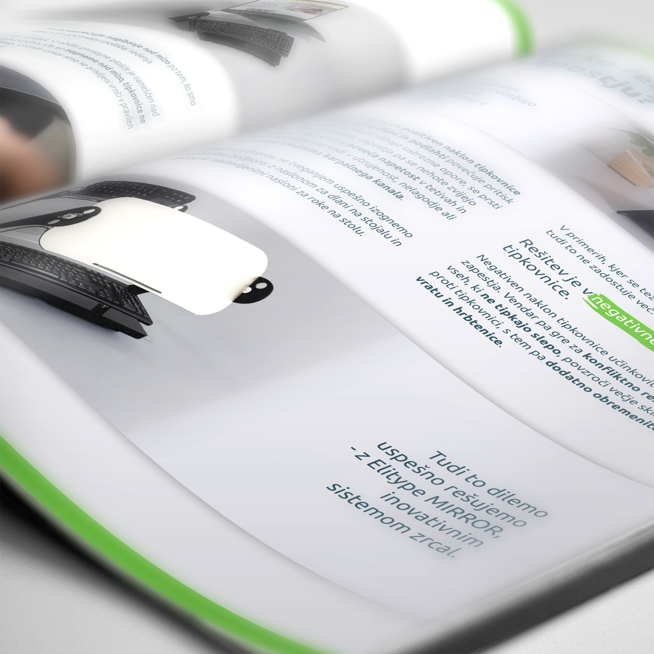 Odprta stran kataloga Elitype z vsebino in fotografijami ergonomskih izdelkov